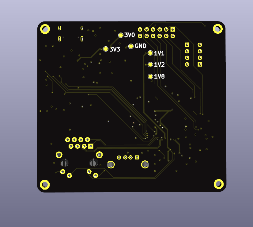 Orca One V1.0 board render, back side, showing power rail test points