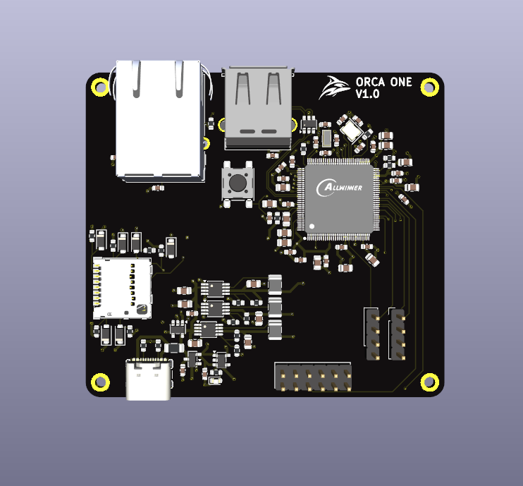 Orca One V1.0 board render, front side, showing Ethernet, USB-A, and the Allwinner V3s processor